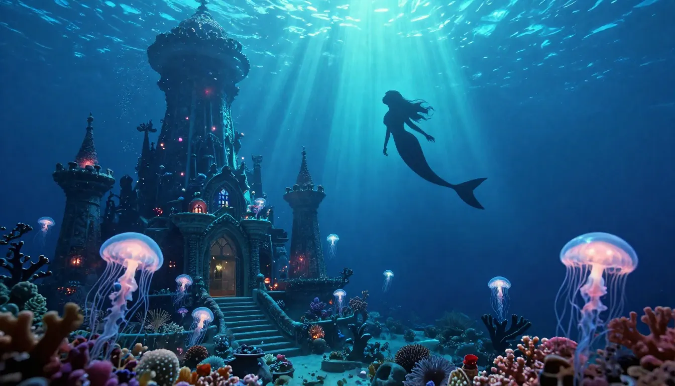 A magical underwater kingdom with coral castles, glowing jel...