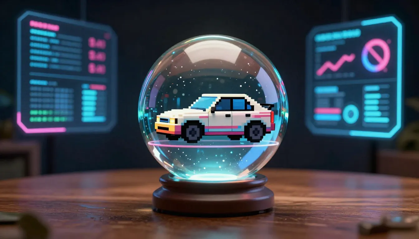 A magical crystal ball on a wooden table showing a pixelated...