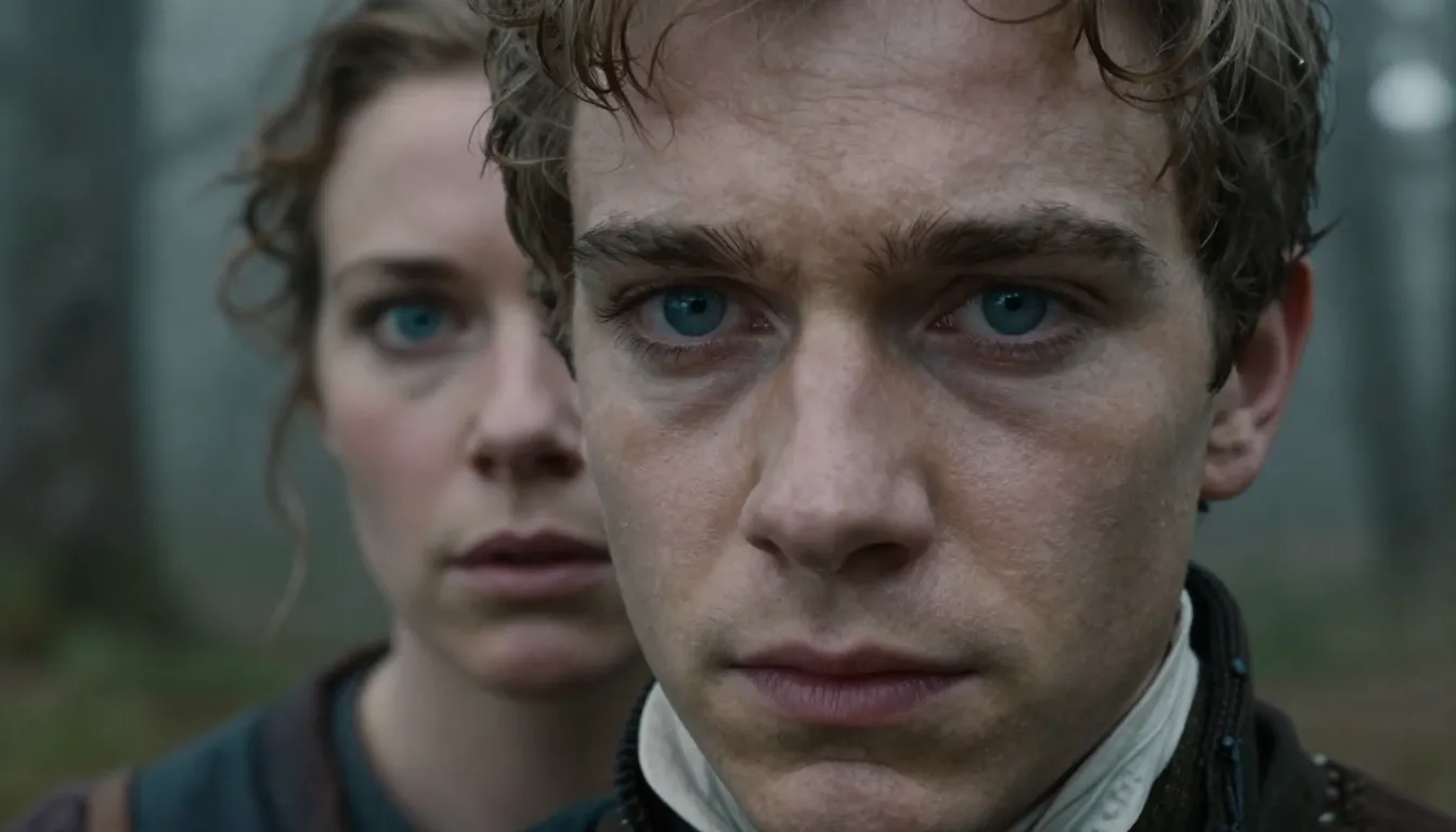 Close-up of a young baron's face with intense blue eyes and ...