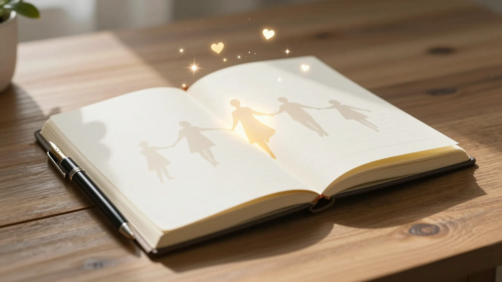 A beautiful open notebook on a wooden table, a fountain pen ...