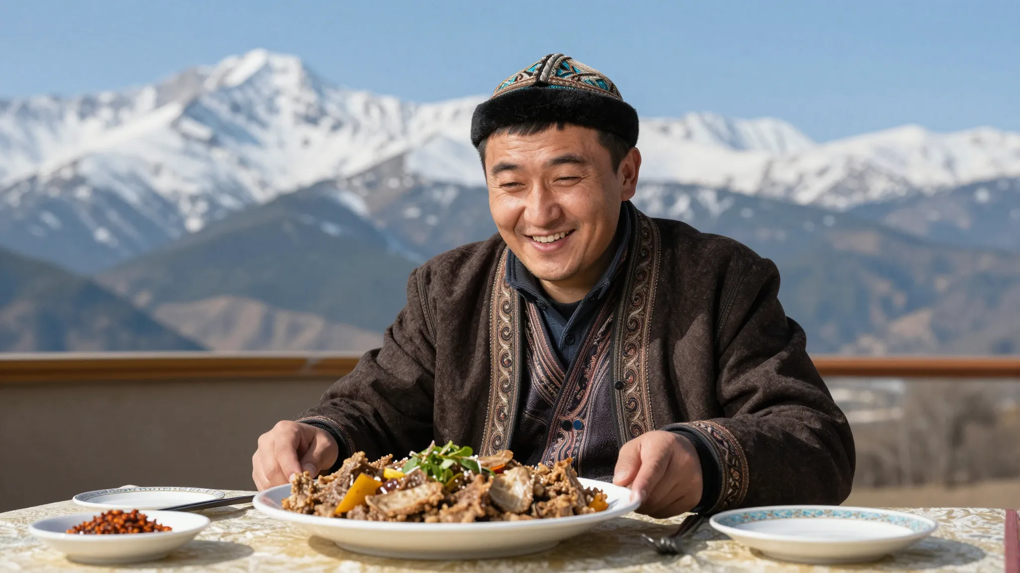 A cheerful man named Bakyt from Naryn, wearing a traditional...