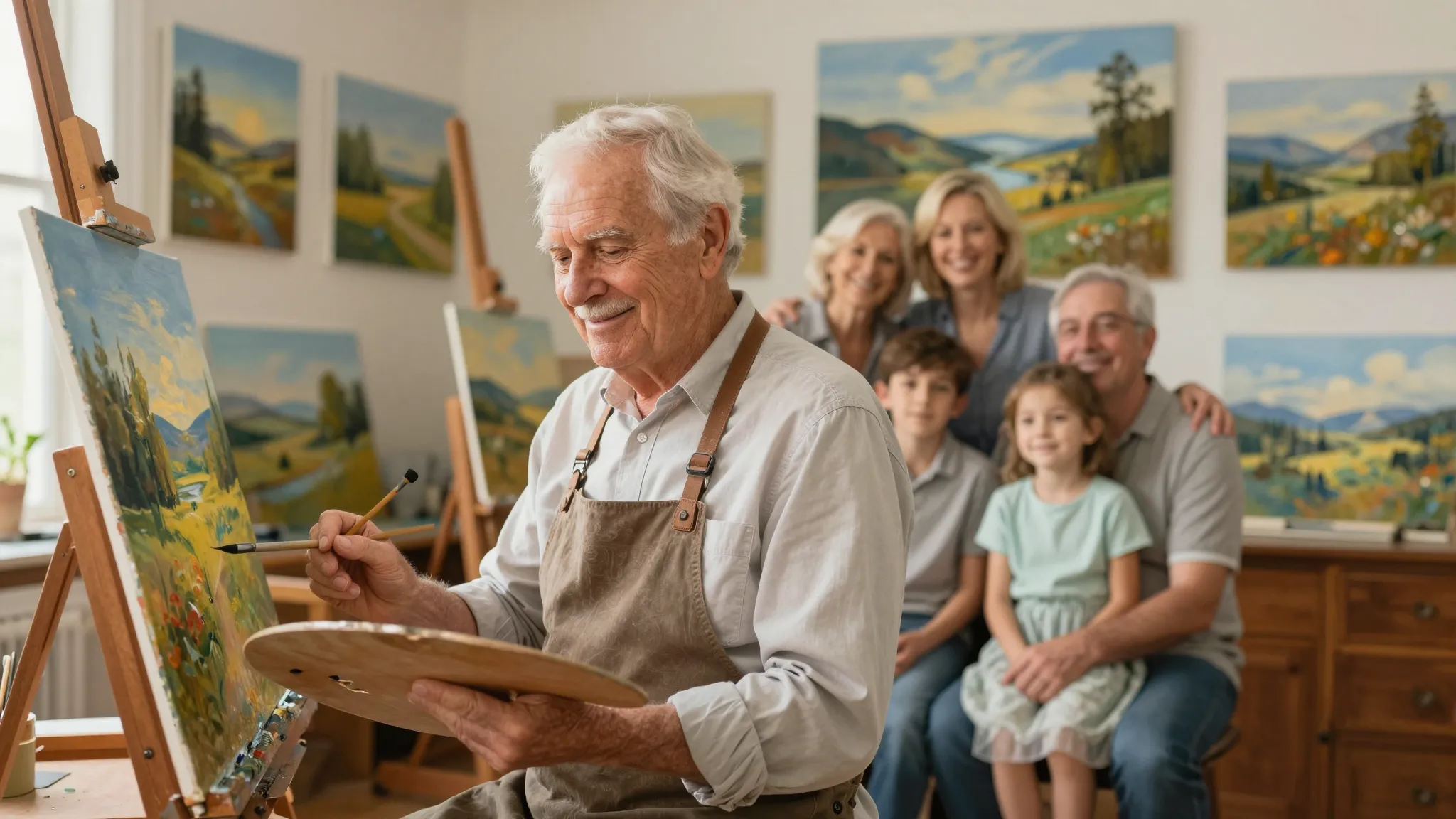An elderly artist with a gentle smile holding a palette, sur...