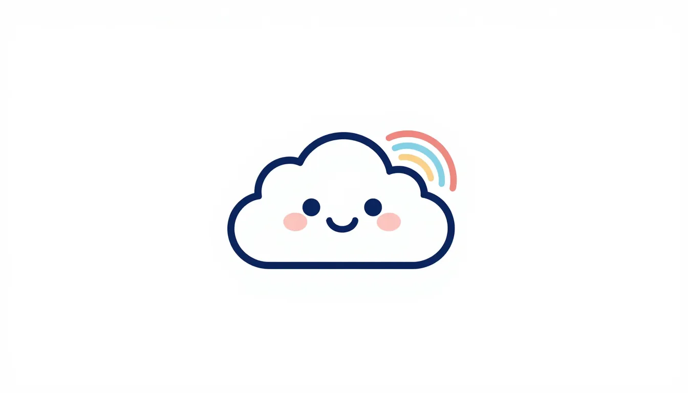 Minimalist logo design of a smiling cloud with a small rainb...