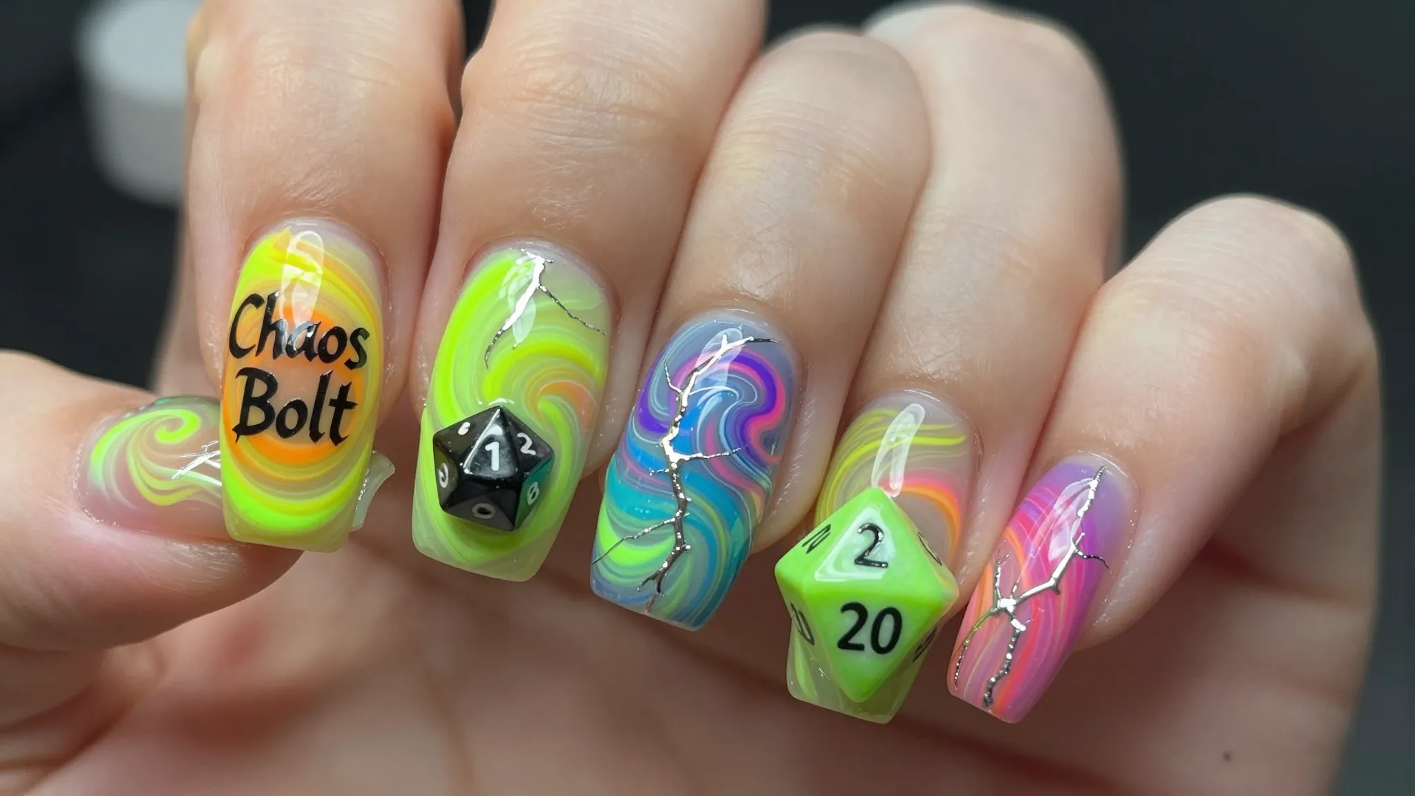 Close-up of nails with 'Chaos Bolt' aesthetic. Asymmetrical ...