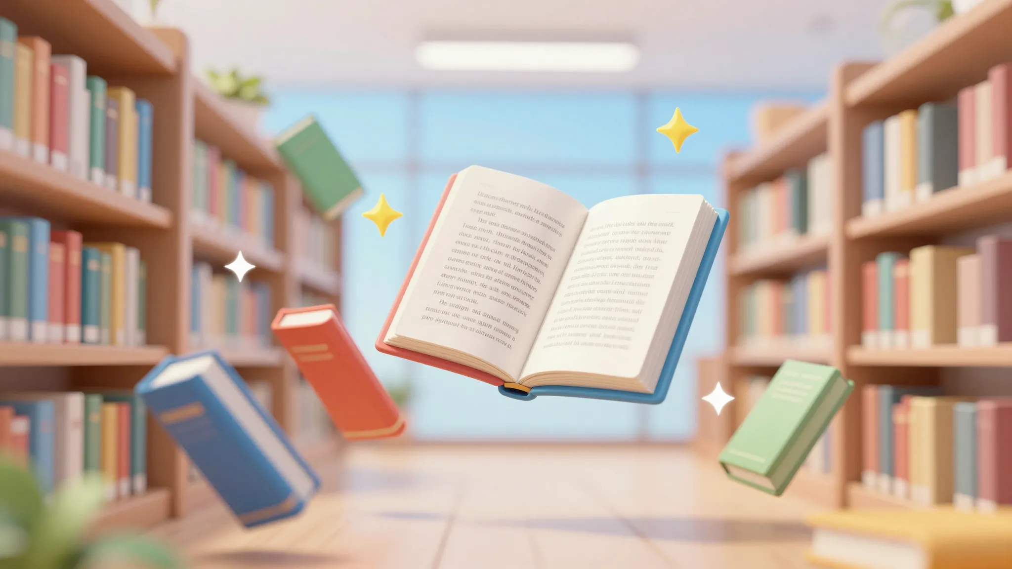 A stylized illustration of a digital library with floating E...