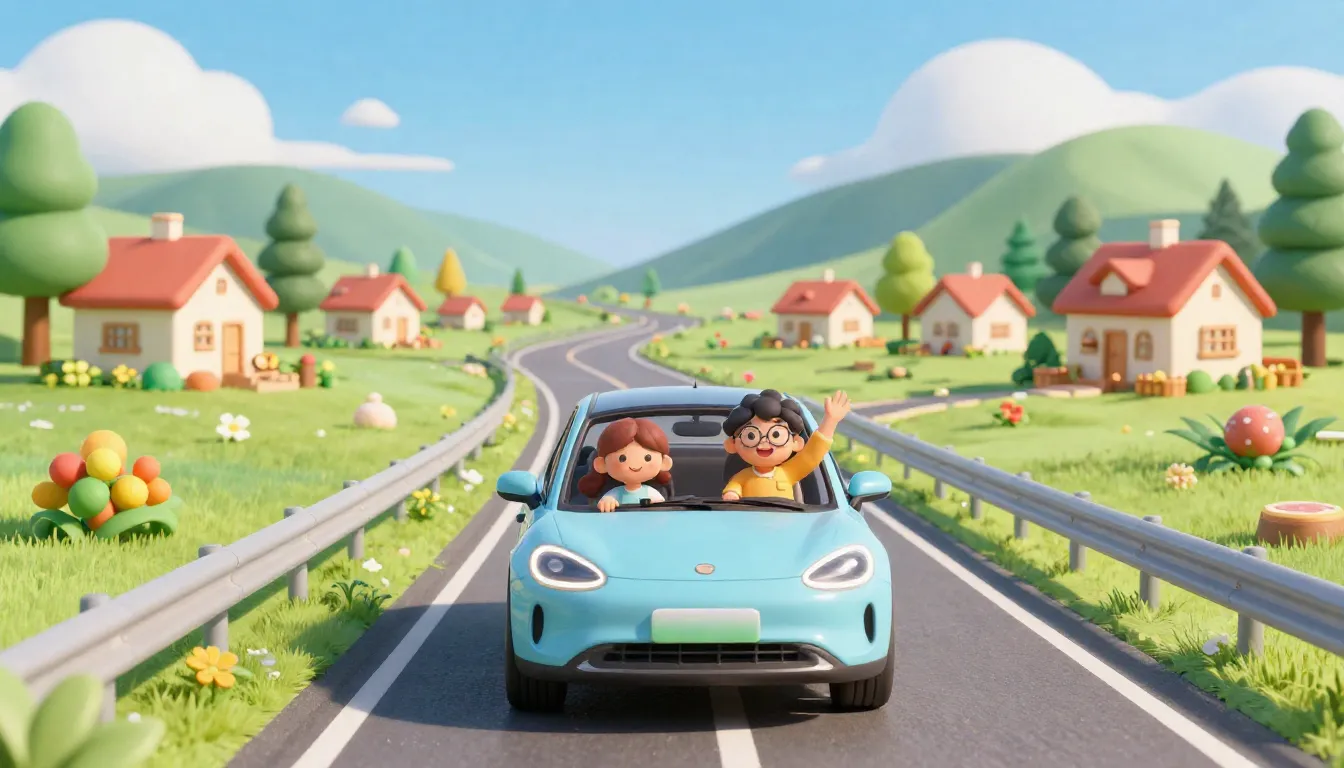 A happy family in a modern car driving through a beautiful c...