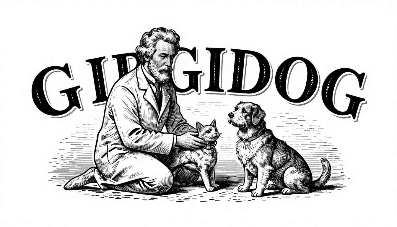 Vintage engraving logo for 'GIRGIDOG'. Detailed ink sketch o...
