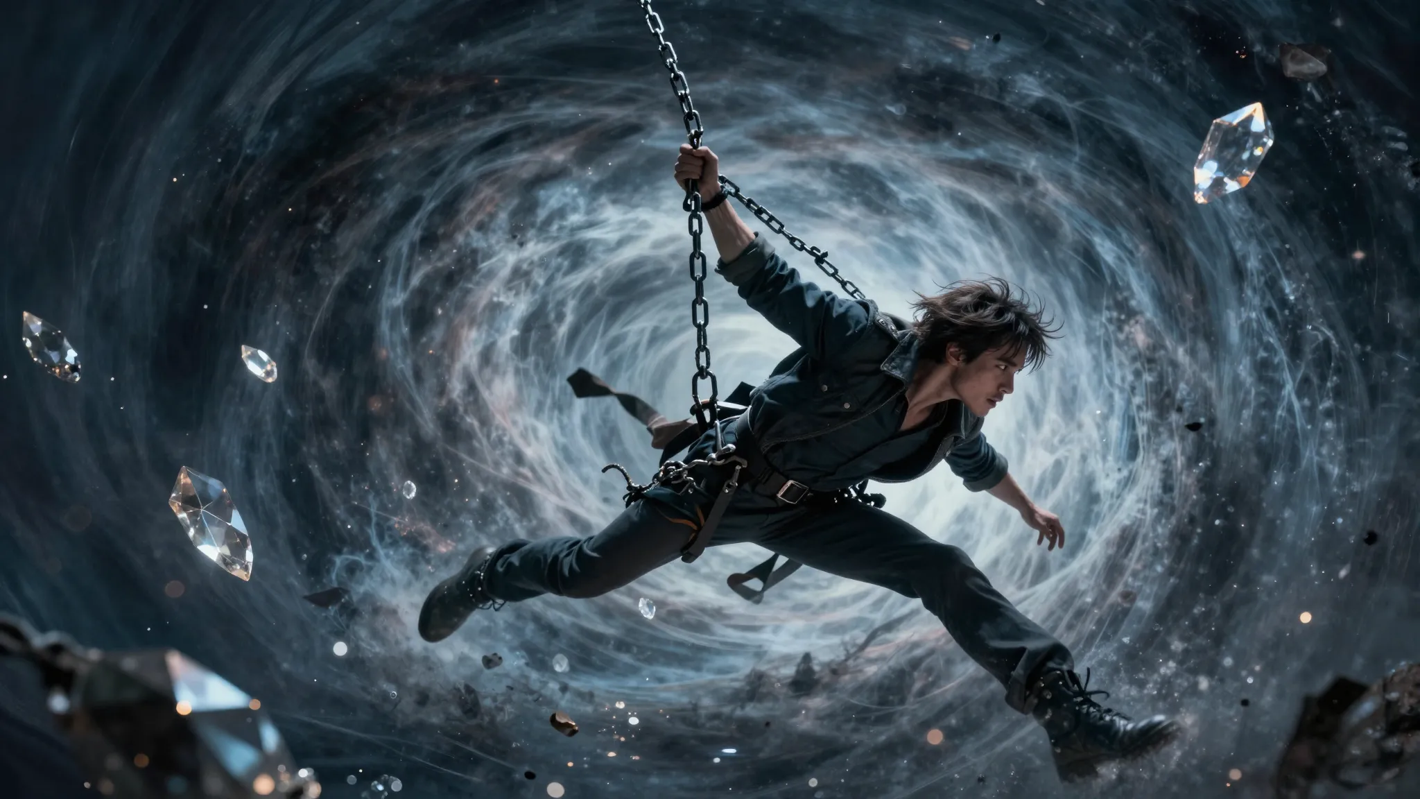 A cinematic shot of a hero floating in the air, struggling a...