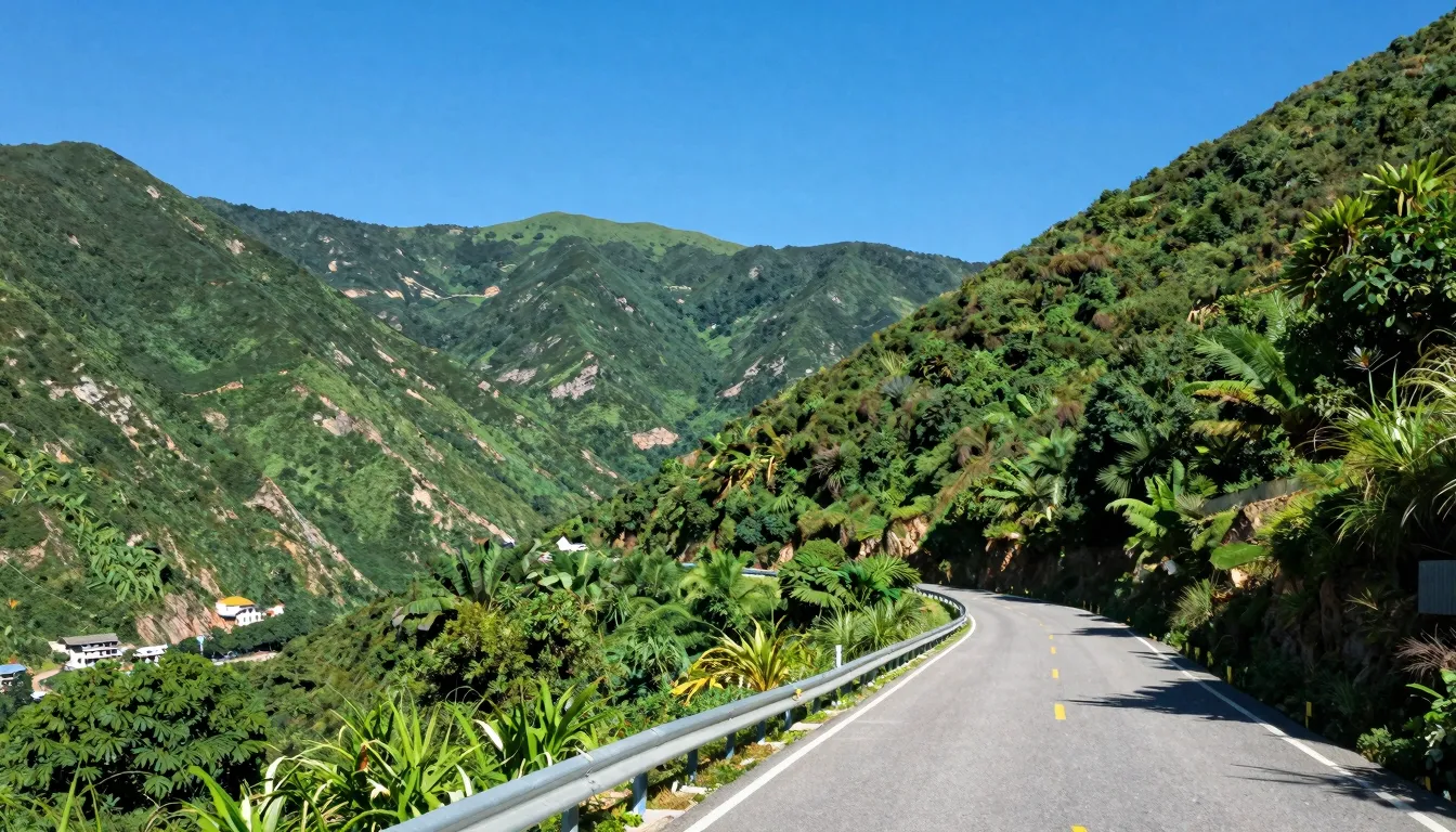 A scenic winding road through lush green mountains and valle...