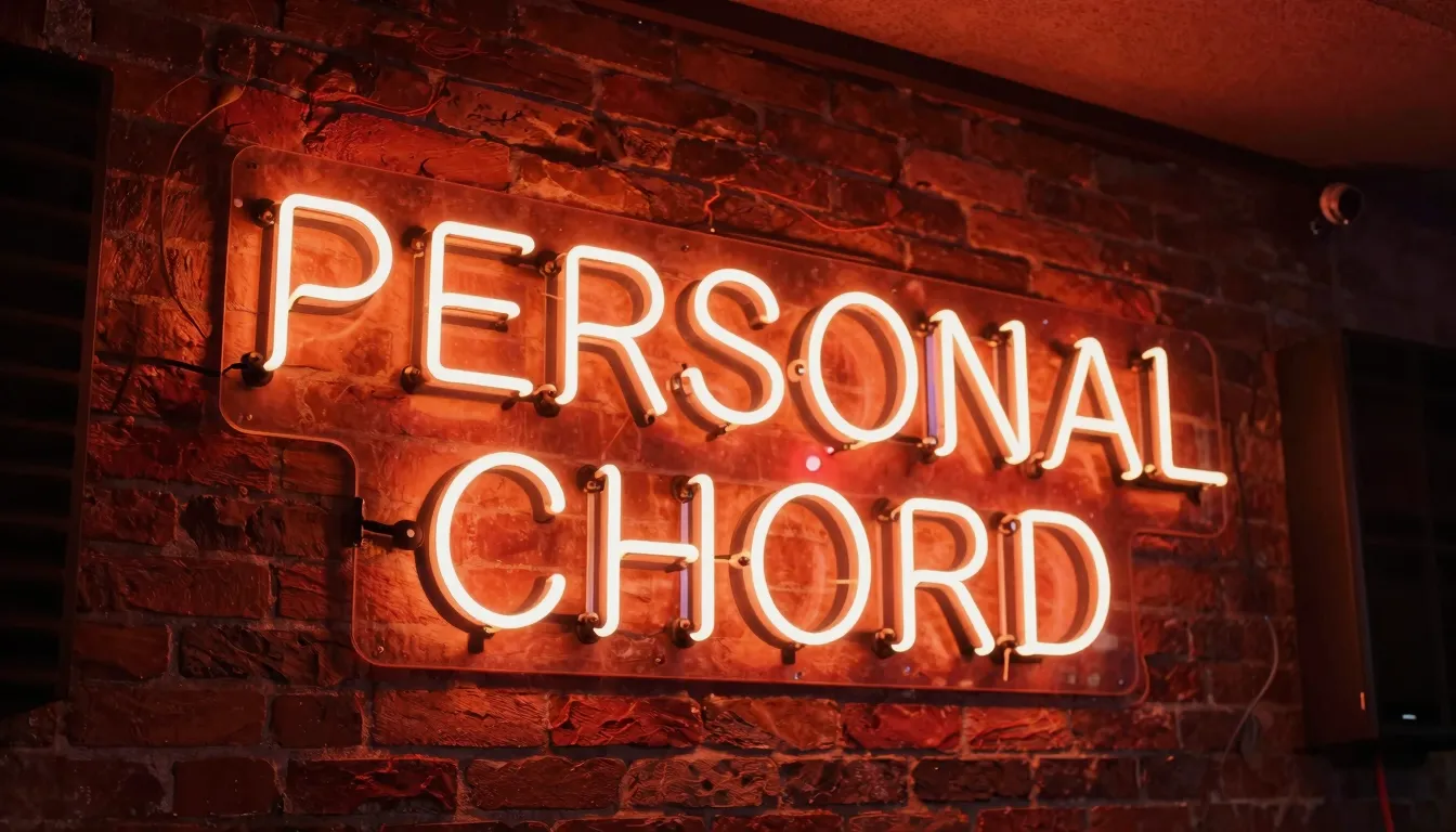 A vibrant neon sign on a brick wall inside a music studio, t...