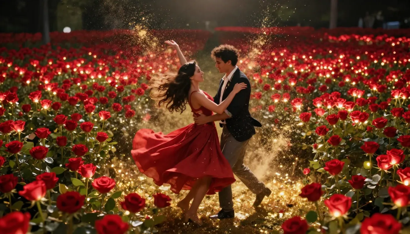 Dynamic and energetic scene of a couple dancing and rising a...