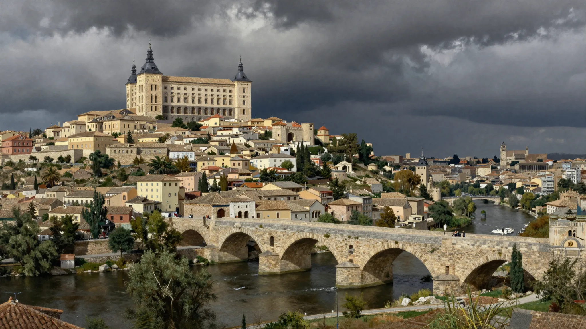 Panoramic view of Toledo Spain in 1660, dramatic stormy sky,...