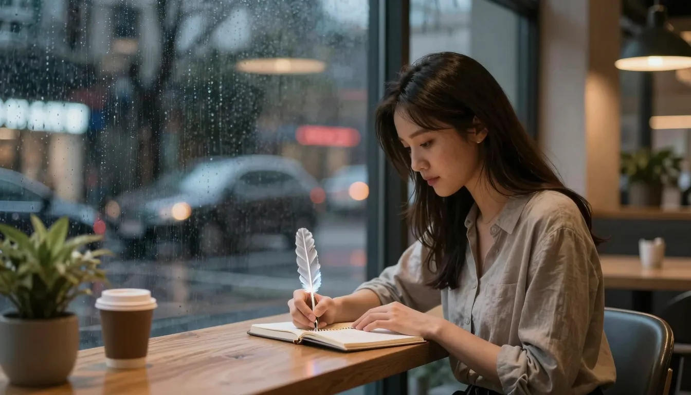 A woman sitting in a cozy modern cafe by a rainy window at n...