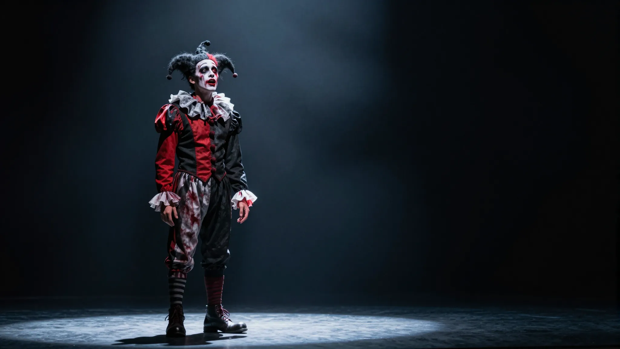Cinematic gothic rock aesthetic, a court jester standing alo...