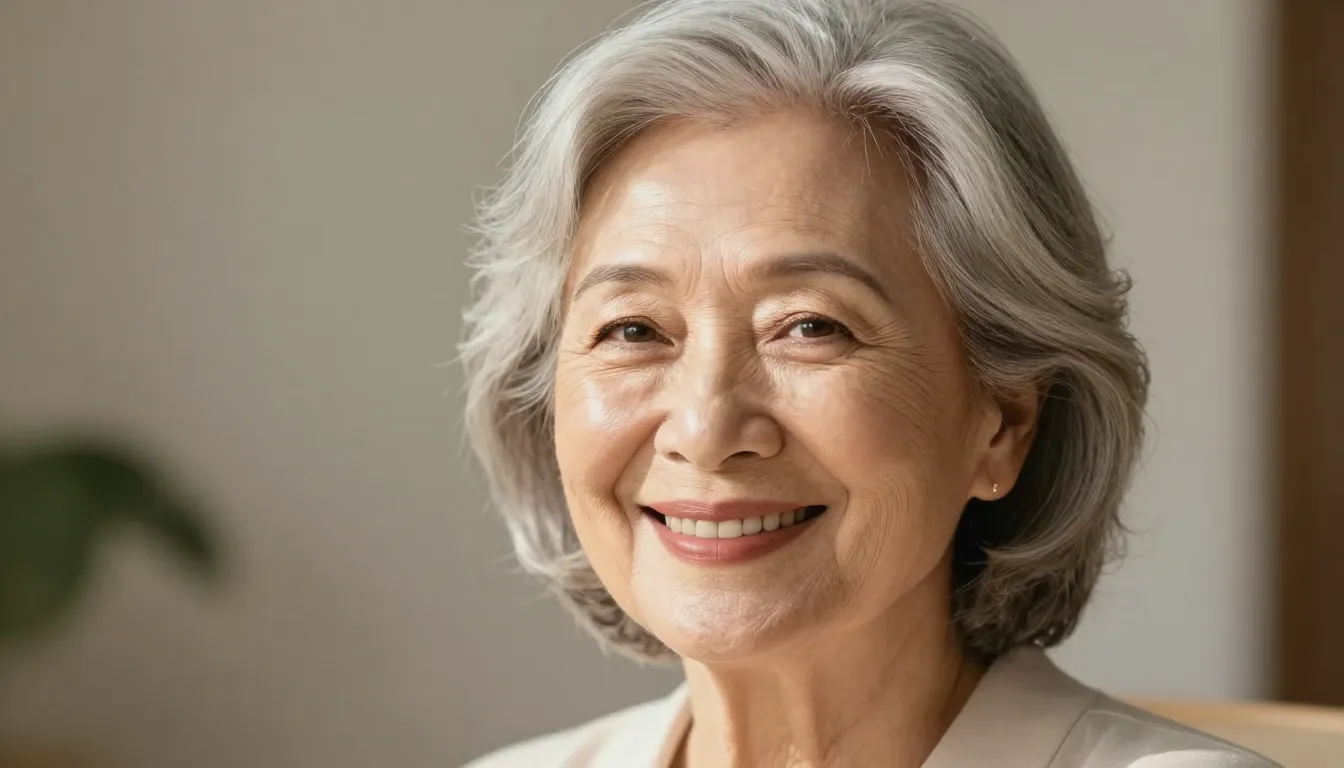 A dignified and elegant elderly woman with a warm smile, glo...