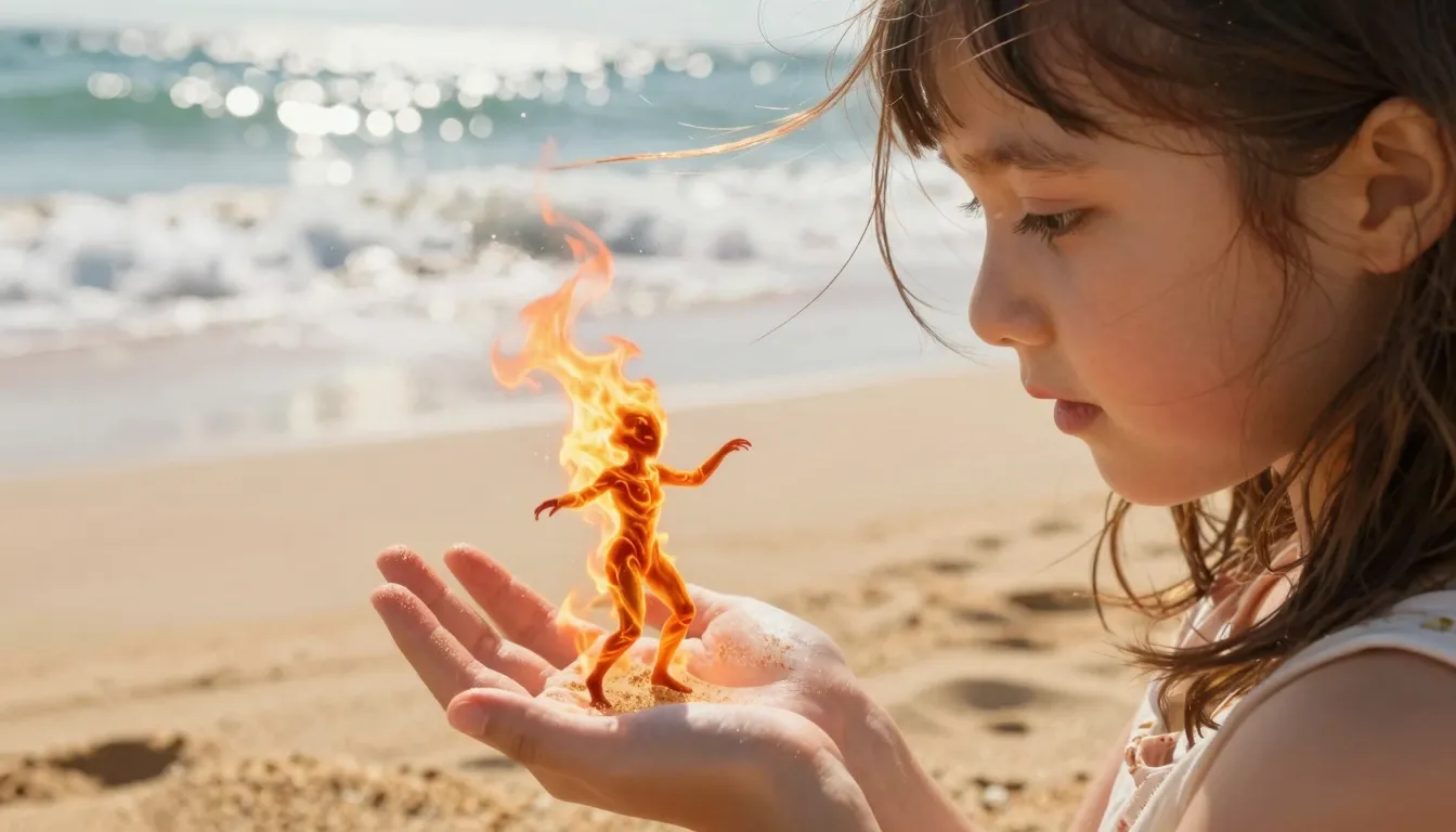 Cinematic close-up of a girl's face and hand on a golden san...
