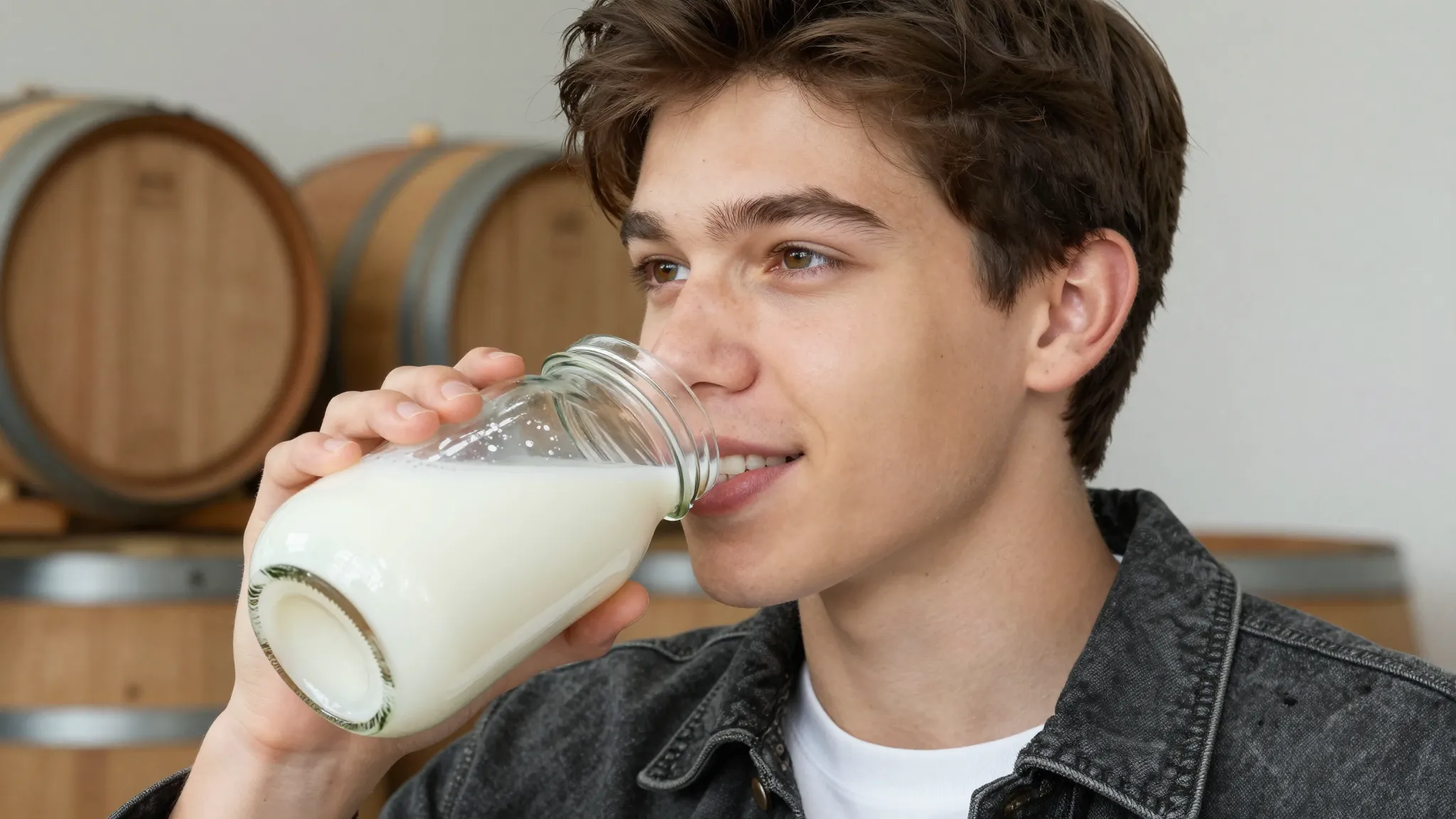 A close-up of a stylish teenager drinking fresh white kefir ...