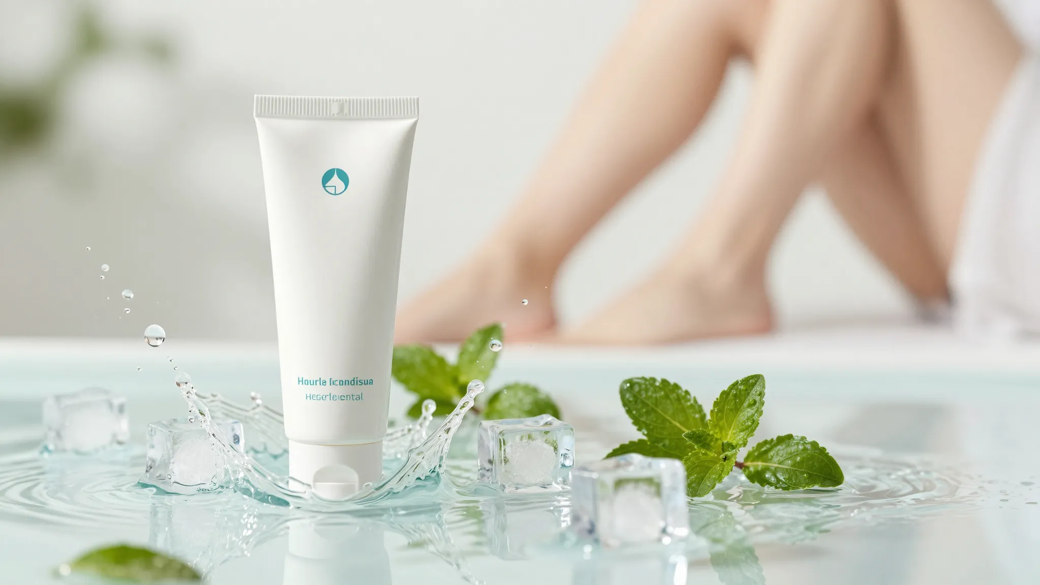 A professional product shot of a leg relief cream tube, surr...