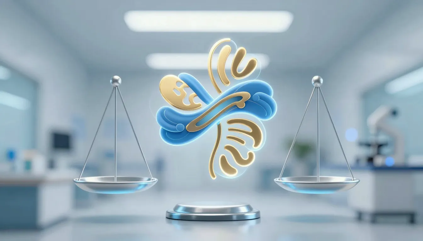 Abstract representation of biological balance, glowing blue ...