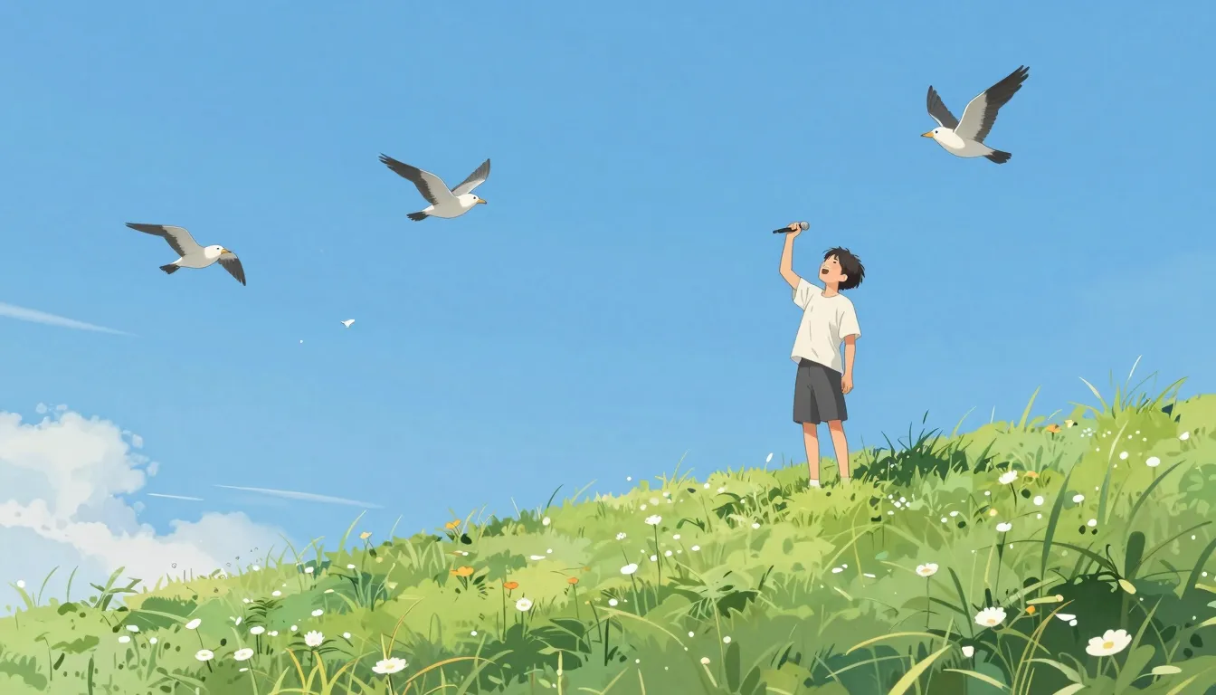 A beautiful landscape with a clear blue sky, a person singin...