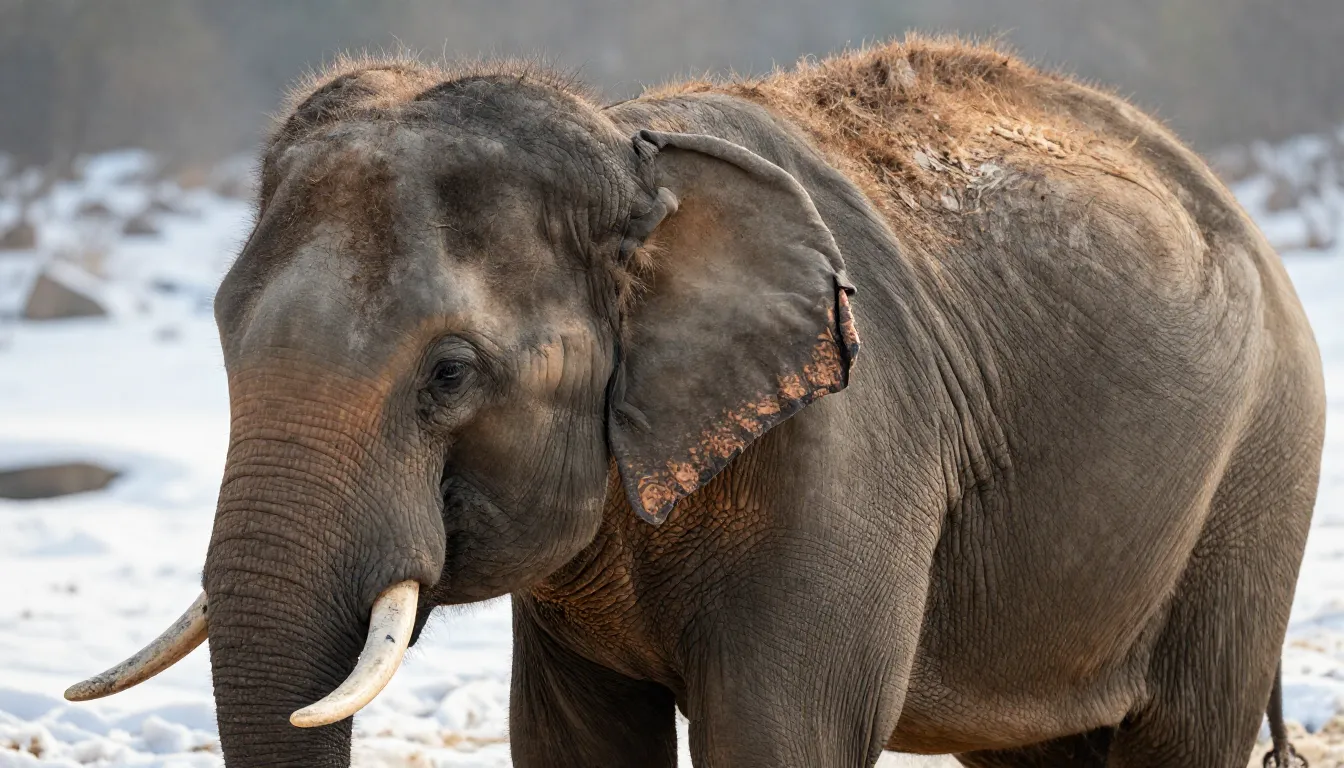 Close-up of an Asian elephant with visible sparse hair on it...