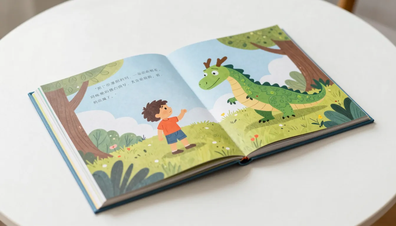 A realistic photo of an open children's book on a white tabl...