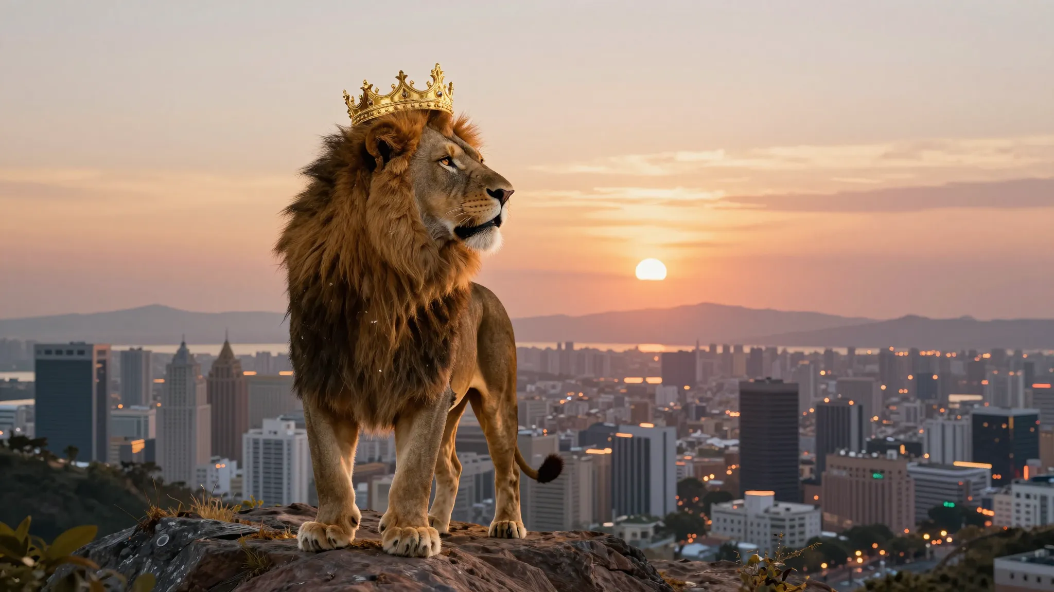 A majestic lion with a golden crown standing on top of a mou...