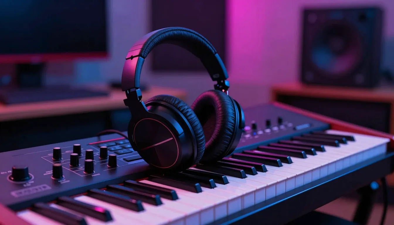 Professional music studio equipment, headphones, synthesizer...