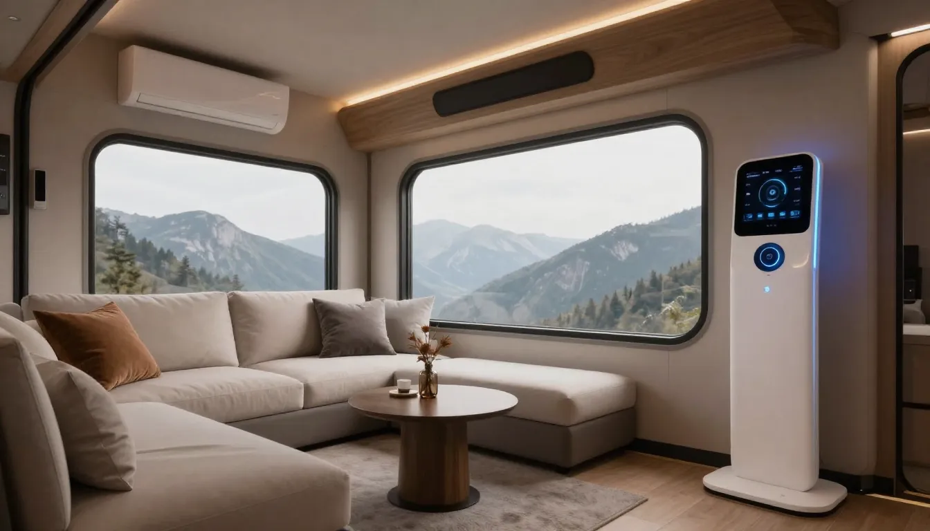 Interior of a luxury smart capsule house, minimalist furnitu...