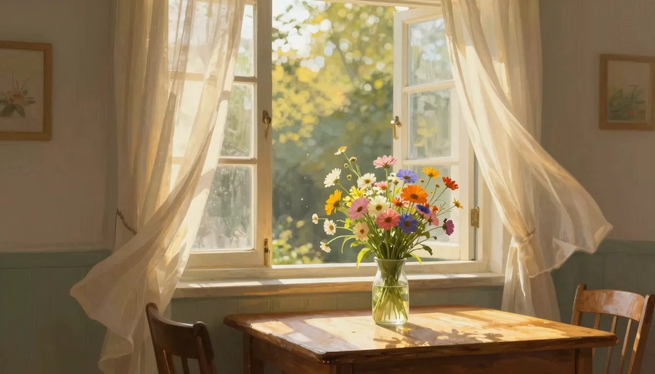 A cozy sunlit room with open windows, soft curtains flutteri...