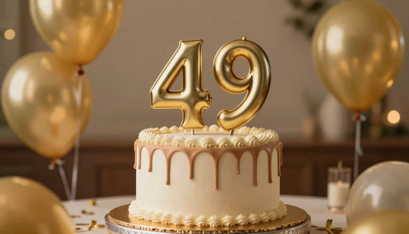 A celebratory atmosphere for a 49th birthday, a stylish cake...