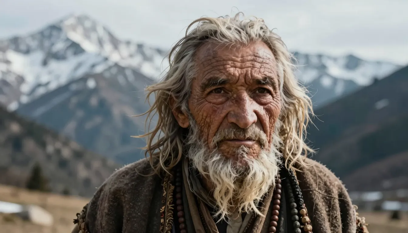 Hyper-realistic portrait of an ancient wise mountain dweller...