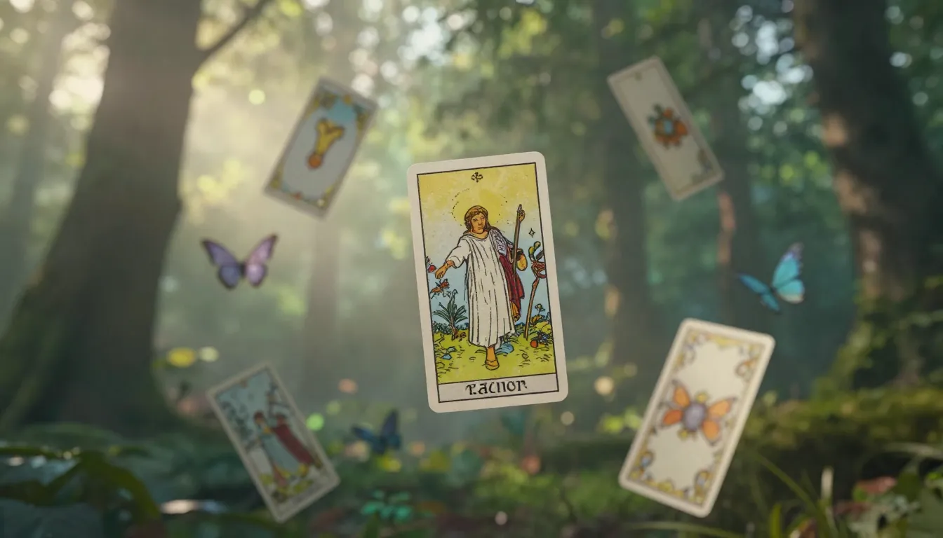 Vertical cinematic shot, Tarot cards floating in a mystical ...