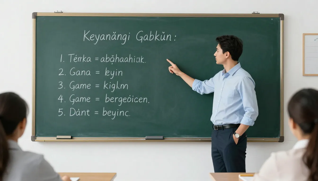 A professional teacher pointing at a chalkboard with Turkish...