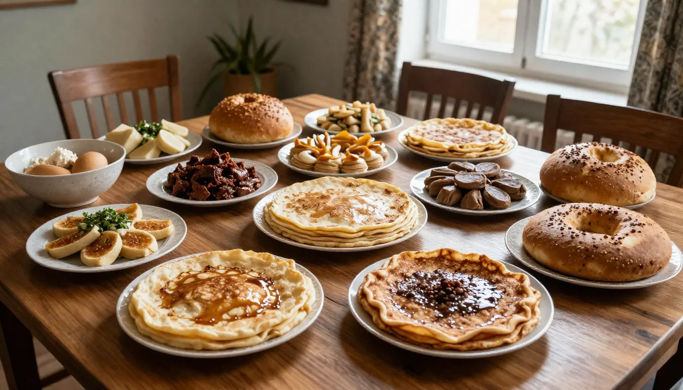 A large wooden table filled with traditional dishes from dif...