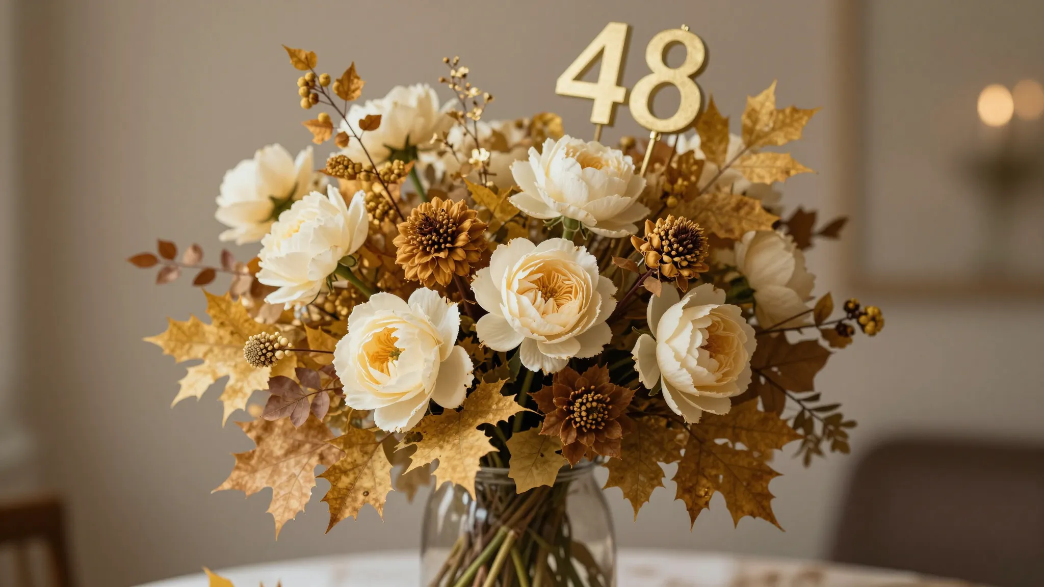 Elegant bouquet of autumn flowers, golden and cream colors, ...