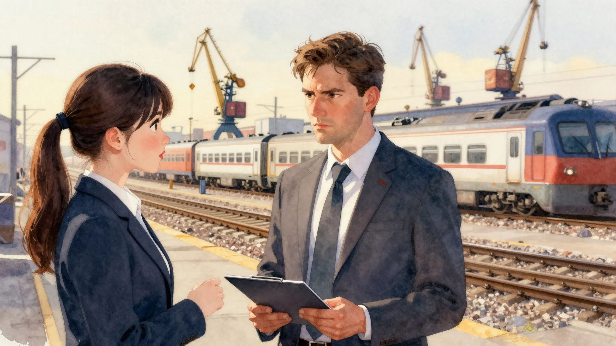 Watercolor painting of a young woman journalist interviewing...