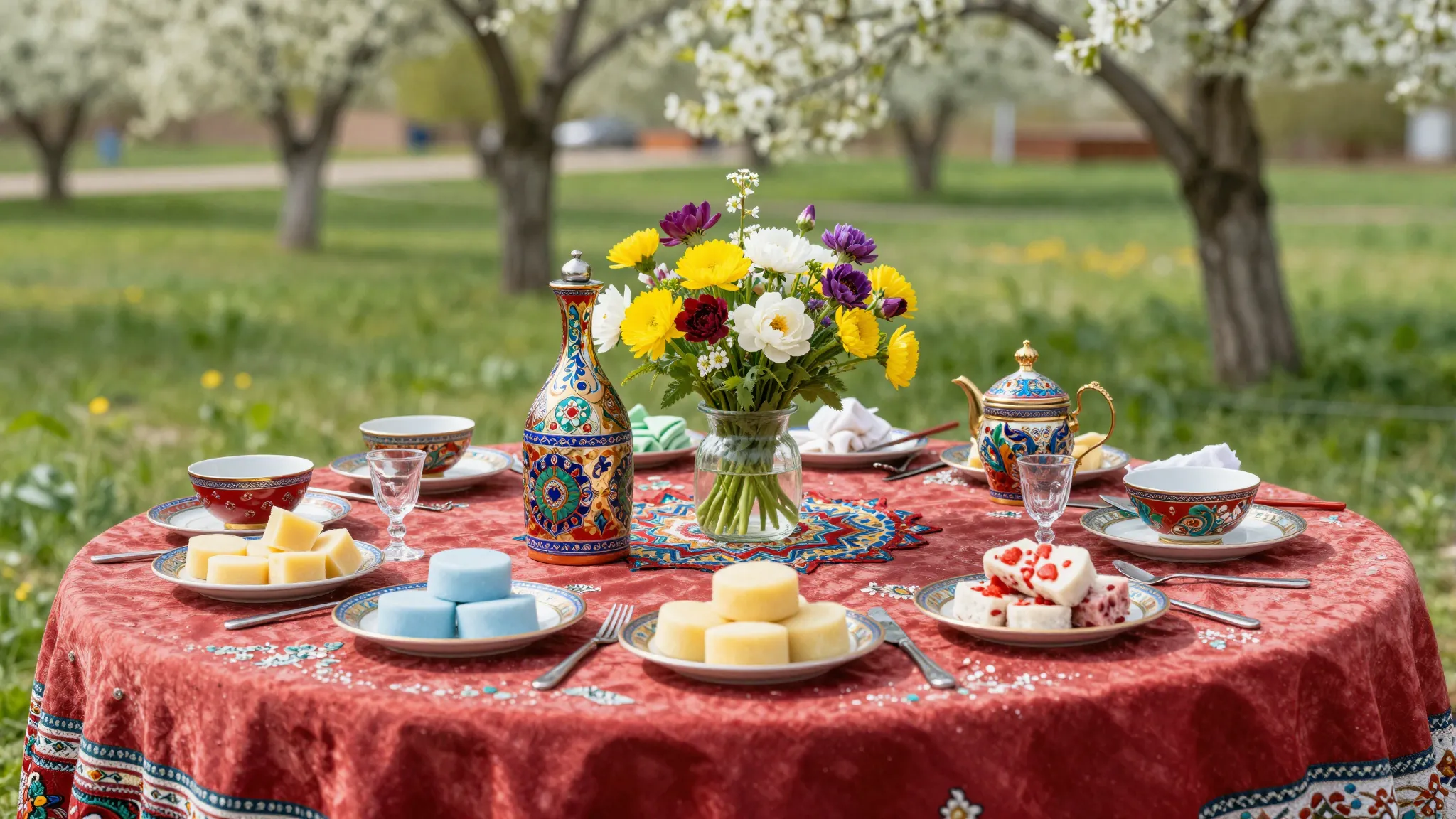 Traditional Kyrgyz festive table with Sumolok and spring flo...