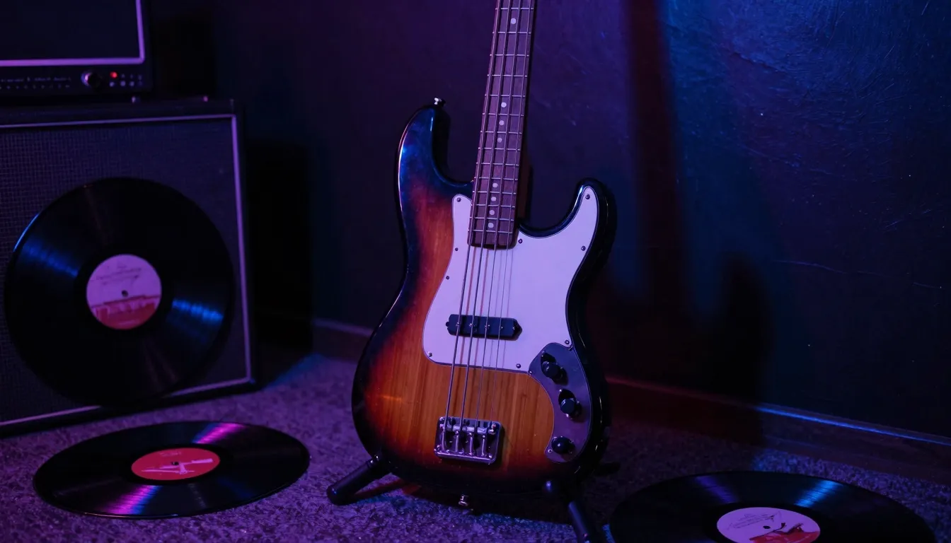 A moody, dark aesthetic room with a vintage bass guitar, vin...