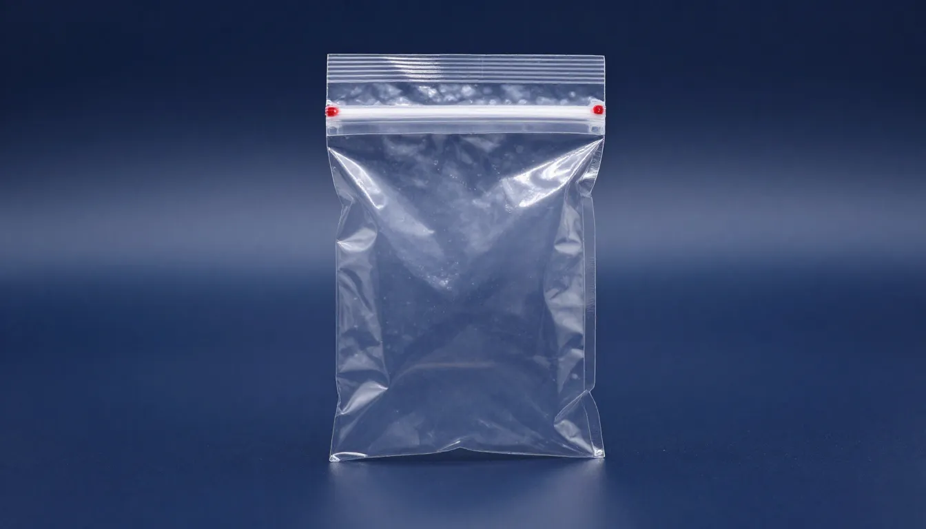 Professional product photography of a clear plastic zip-lock...