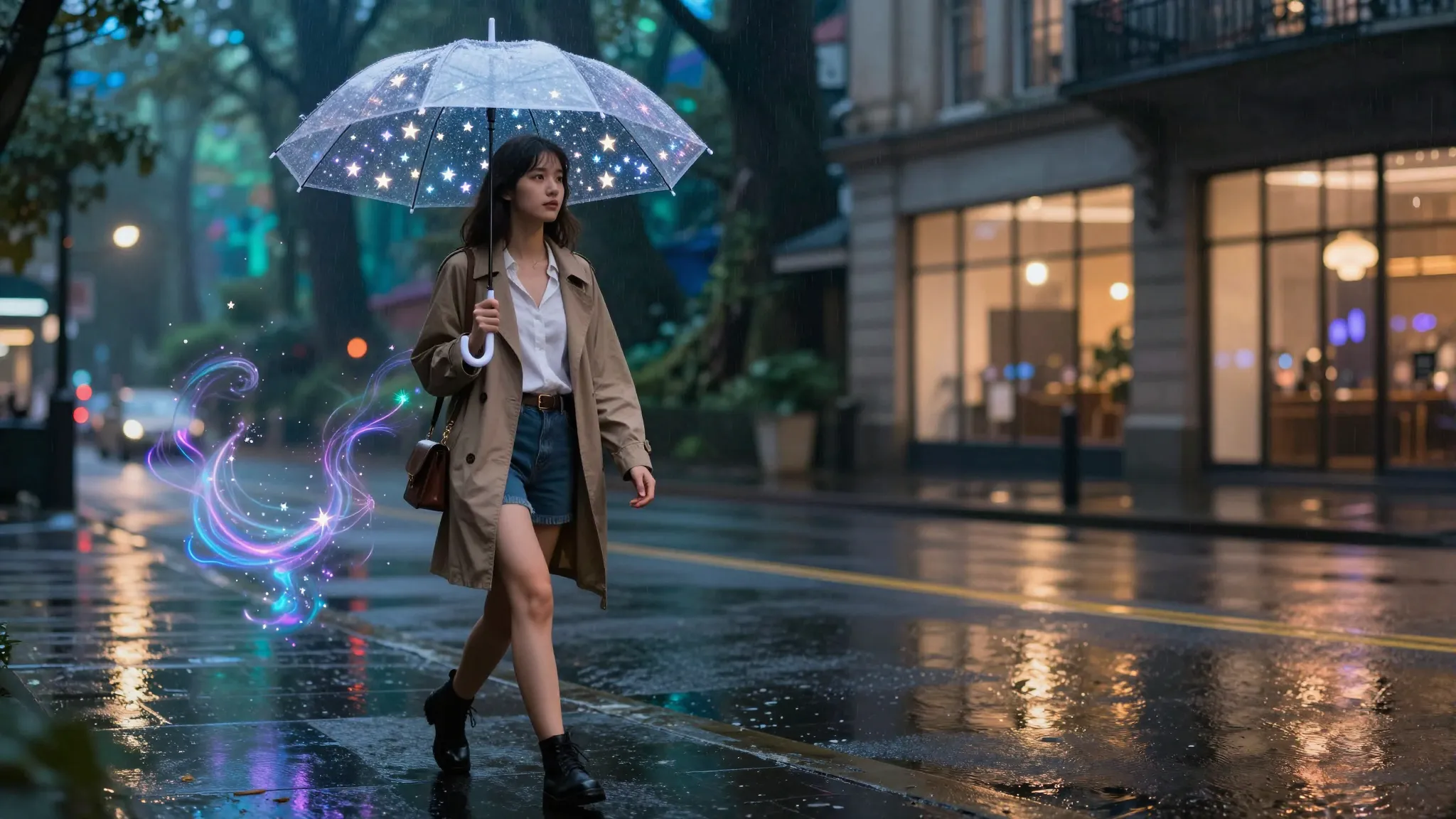 A stylish girl in modern clothes walking on a rainy city str...