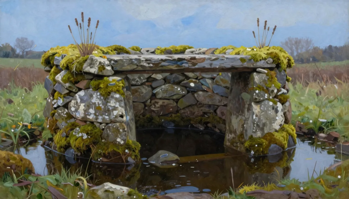 An old stone well covered with moss and burdocks, reflecting...