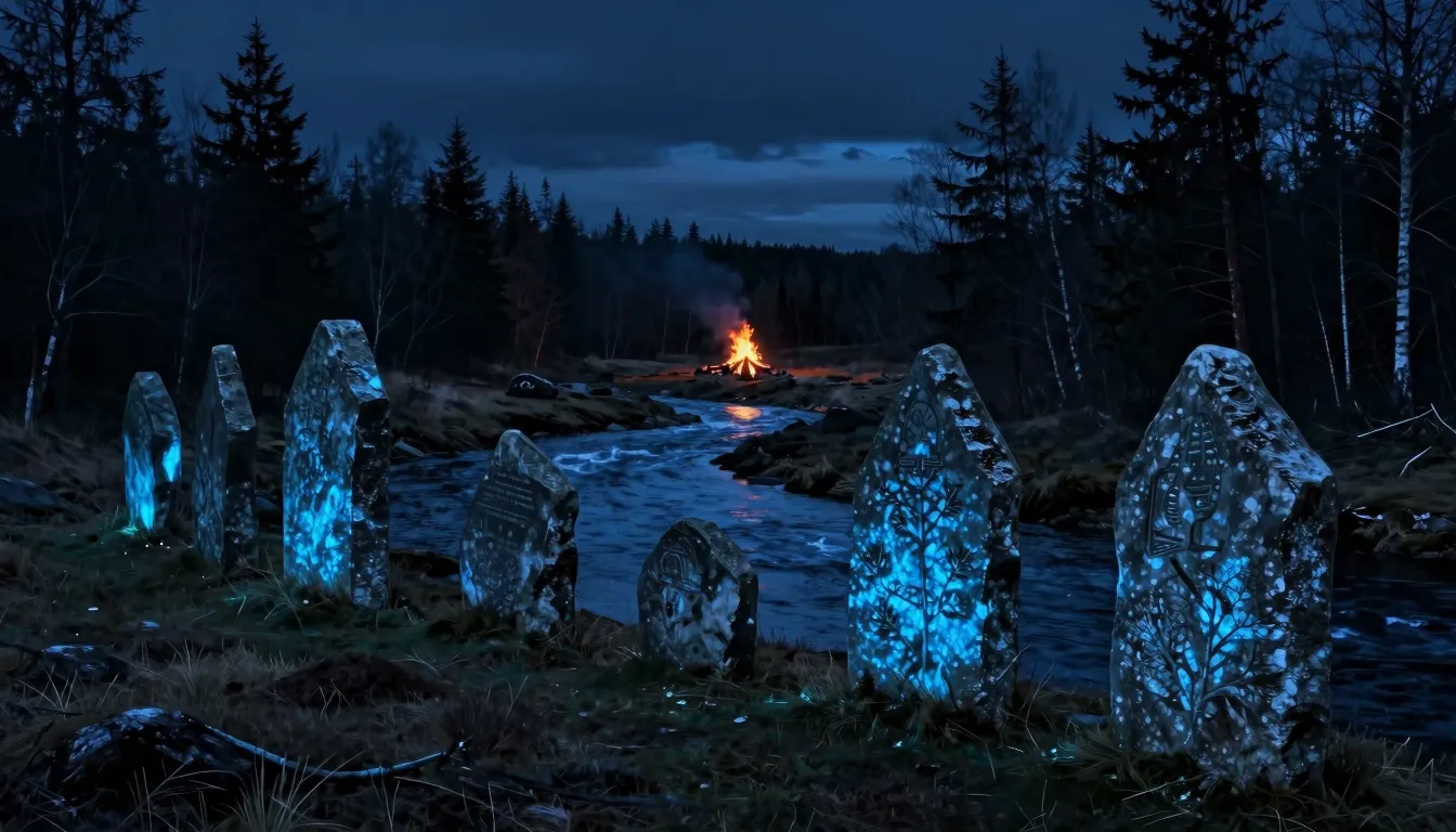 Mystical northern landscape, dark river, ancient runestones ...