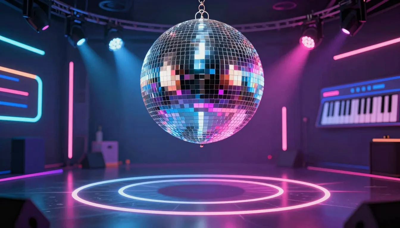 A vibrant disco dance floor with a sparkling disco ball, neo...