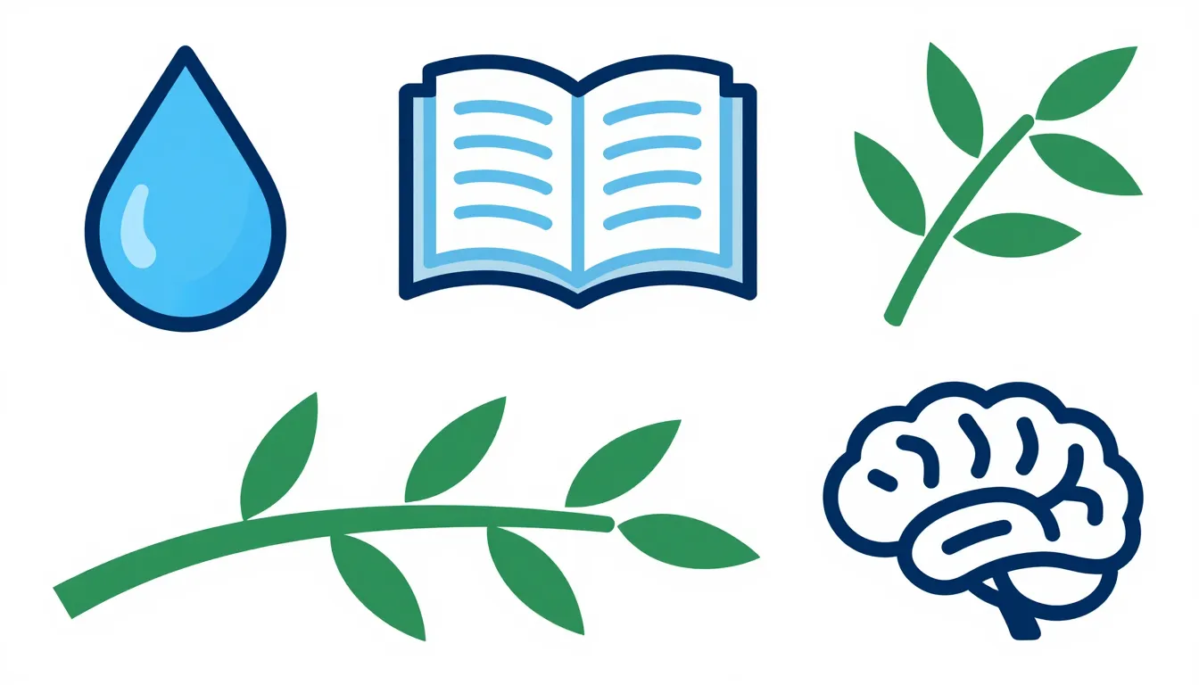 A set of strategic hero icons: a blue water drop, an open bo...