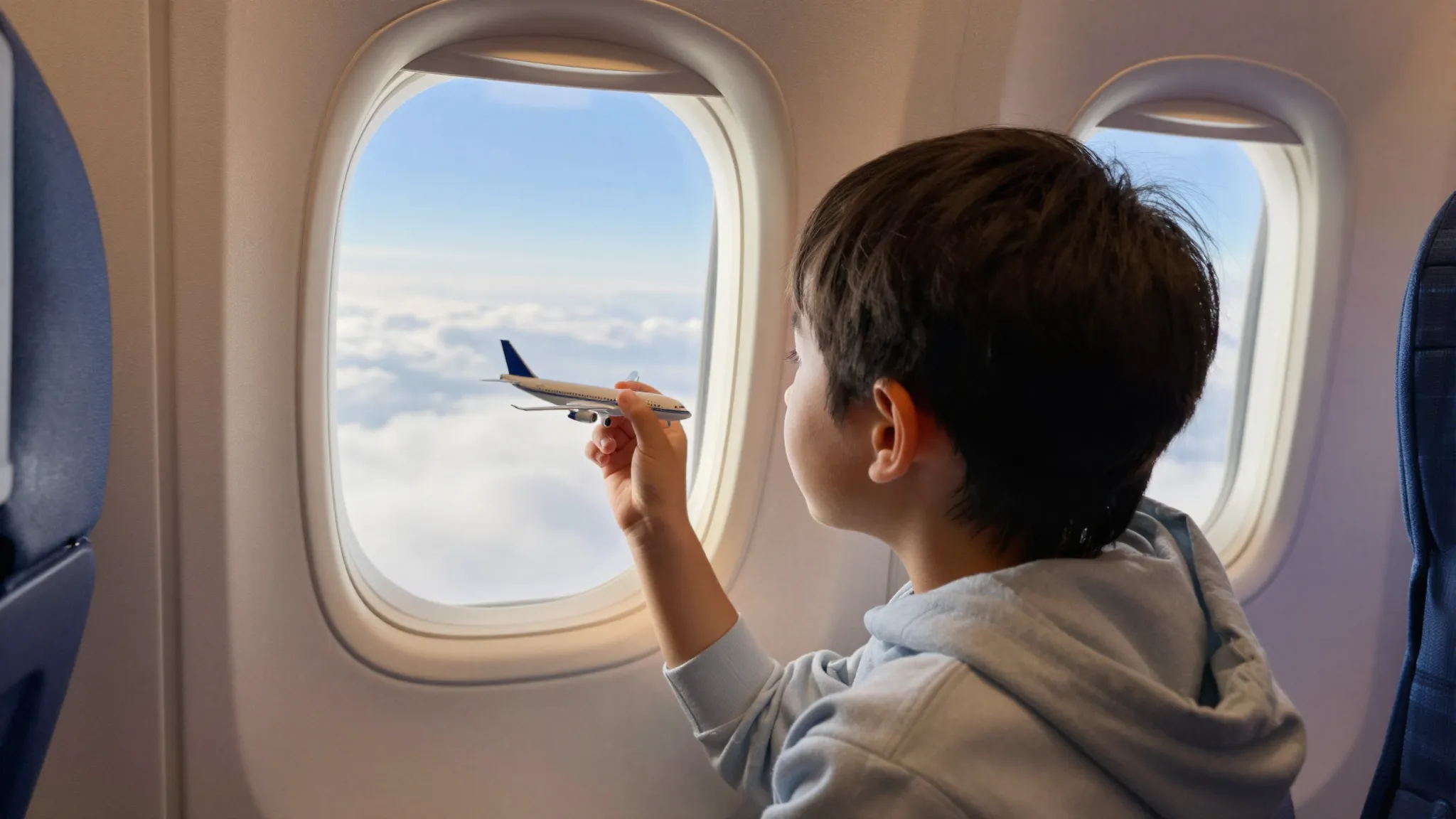 A cozy airplane interior with a child looking out the window...