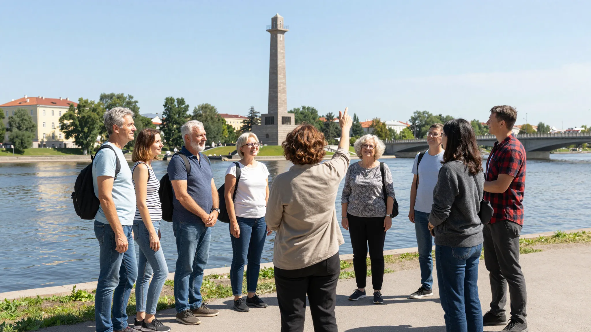 A group of happy diverse middle-aged people standing on a be...