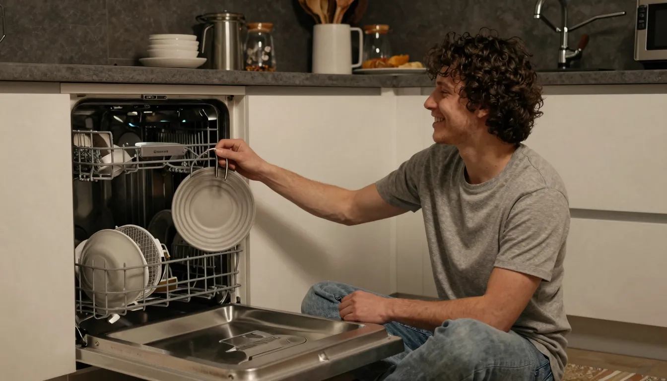 A happy person relaxing on a sofa while a dishwasher works i...