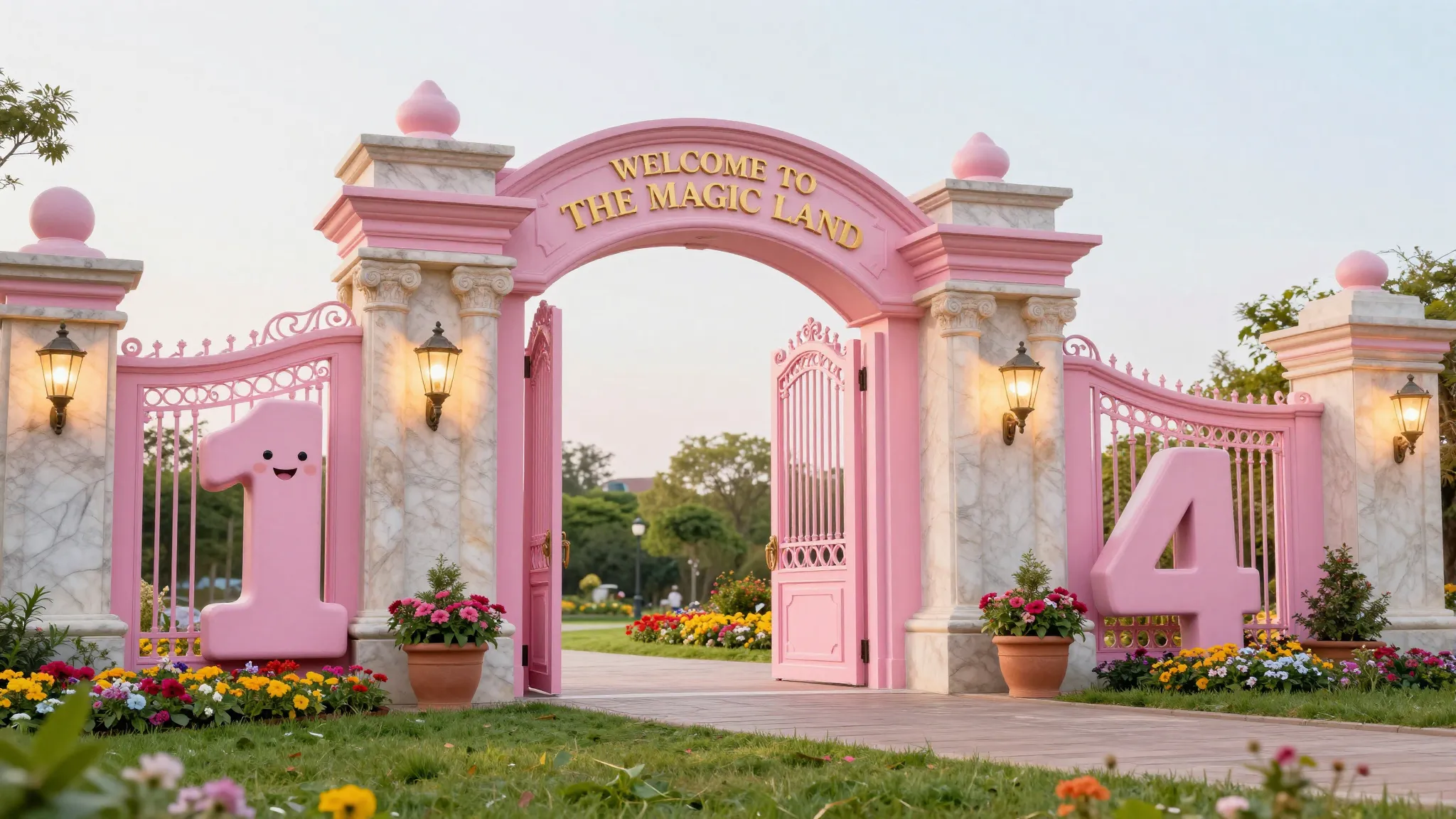 A wide photorealistic panoramic shot of majestic open pink f...