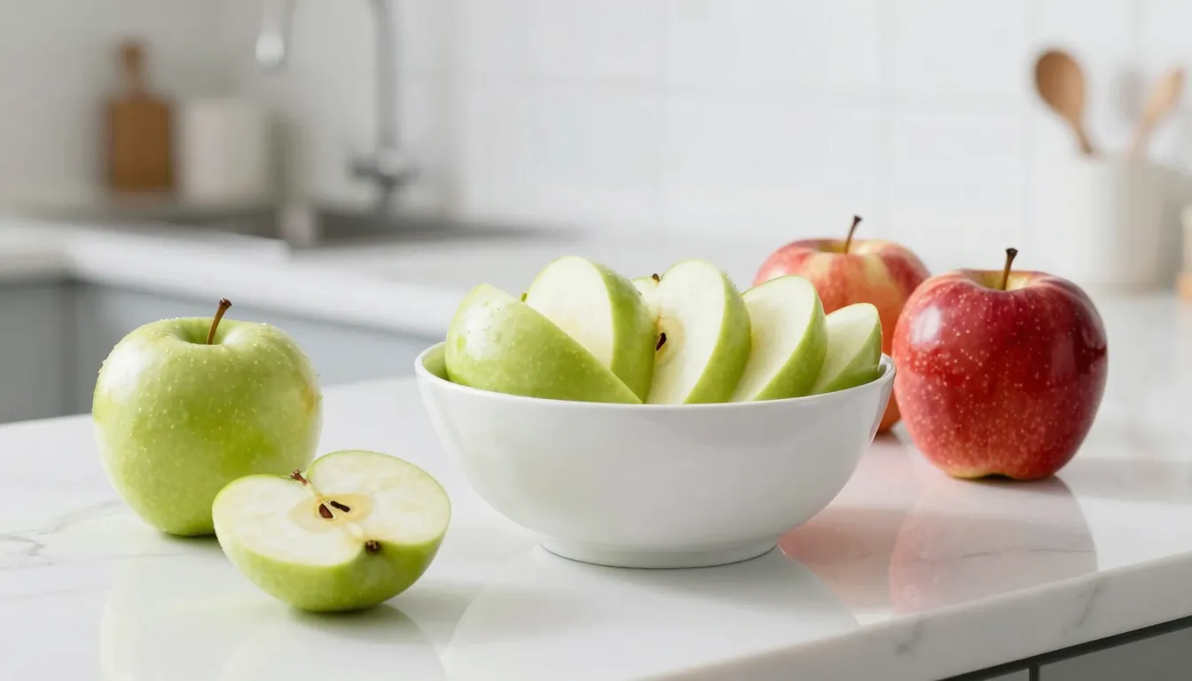 A bowl of sliced green apples and red apples on a clean whit...
